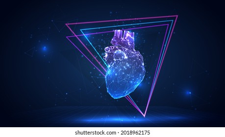 vector 3d human heart from triangular polygons on a blue background