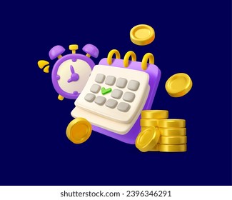 Vector 3d icon calendar with clock and money. Flying golden coins with alarm, reminder of timely payments idea. Time to pay design concept, isolated on dark background.