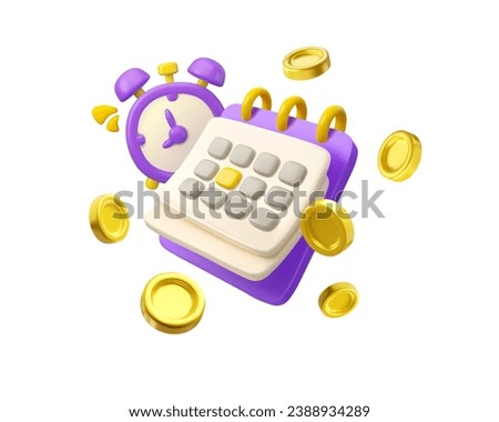Vector 3d icon calendar with clock and money. Flying golden coins with alarm, reminder of timely payments idea. Time to pay concept, isolated on white background.