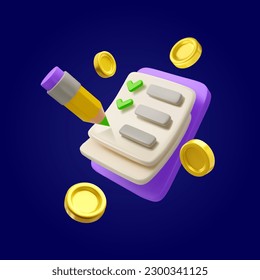 Vector 3d icon checklist with coins. Paid survey illustration, isolated on a dark background. Tax or budget management concept