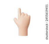 Vector 3D icon of a hand with raised index finger in cartoon style for interfaces, isolated on background. Ideal for pointer icons and touch gestures.
