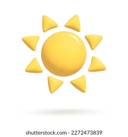 Vector 3d icon isolated on white background. Weather icon. Yellow sun with rays. Vector illustration for postcard, icons, poster, banner, web, design, arts.