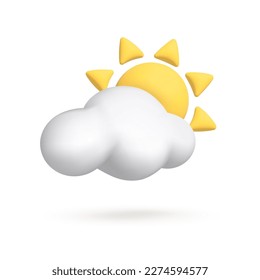 Vector 3d icon isolated on white background. Weather icon. Yellow sun with rays and white cloud. Vector illustration for postcard, icons, poster, banner, web, design, arts.