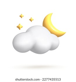 Vector 3d icon isolated on white background. Weather icon. White cloud with yellow half moon with stars, crescent behind. Vector illustration for postcard, icons, poster, banner, web, design, arts.