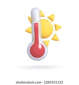 Vector 3d icon isolated on white background. Weather icon. Red thermometer with hot temperature and sun. Vector illustration for postcard, icons, poster, banner, web, design, arts.