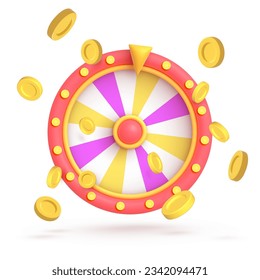 Vector 3d icon isolated on white background. Game icon. Wheel of fortune, roulette with falling money, coin, poker chips. Vector illustration for postcard, icons, poster, banner, web, design, arts.