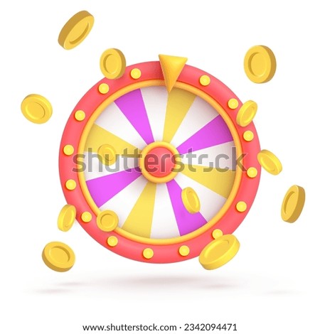 Vector 3d icon isolated on white background. Game icon. Wheel of fortune, roulette with falling money, coin, poker chips. Vector illustration for postcard, icons, poster, banner, web, design, arts.