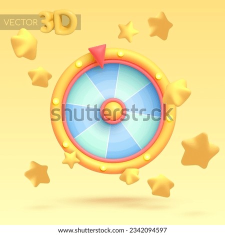 Vector 3d icon isolated on yellow background. Game icon. Wheel of fortune, roulette with falling golden stars. Vector illustration for postcard, icons, poster, banner, web, design, arts.