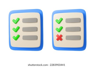 Vector 3d icon list with checkmark. Survey or feedback concept, isolated on white background
