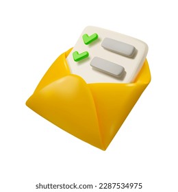 Vector 3d icon mail with document. Envelope and checked task business illustration isolated on white background