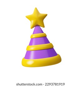 Vector 3d icon party hat. Birthday cap with star isolated on white background. Christmas magic design element in cartoon style