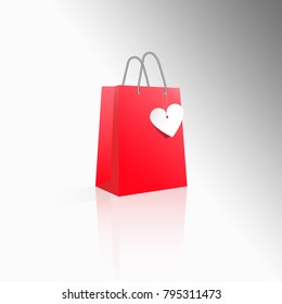 Vector 3D icon realistic red paper package or bag for shopping or gifts with white heart label. Sale for Valentine's Day or any other holiday. Mock up for design