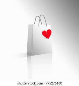 Vector 3D icon realistic white package for shopping or gifts with red heart label. Sale for Valentine's Day or any other holiday. Mockup for design.