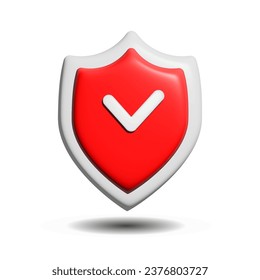 vector 3D icon of a red shield with a check mark on a white background. warning about danger, error, attention.
