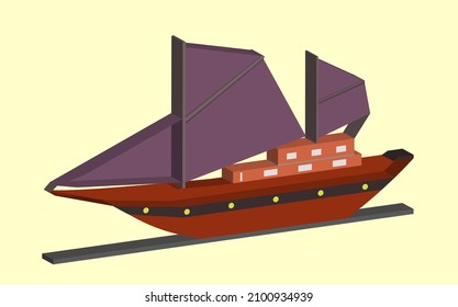 Vector 3D icon of sailboat, fisherman, pirate to cross the ocean