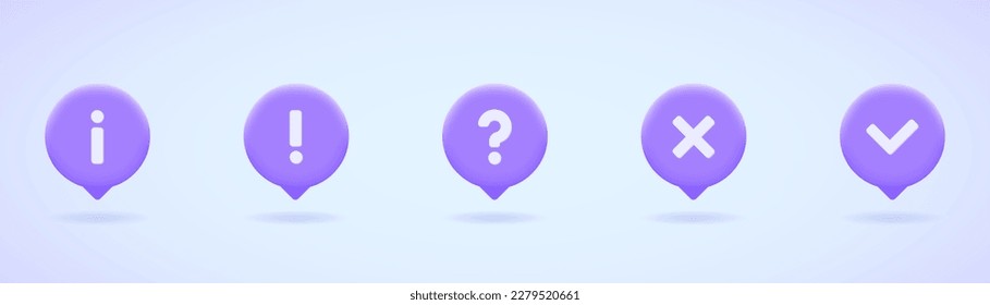 Conjunto de iconos vectores 3d: información, pregunta, marca, verificación, cruz, x, !, ?, signo de interrogación, signo de exclamación. Colección vectorial tridimensional de ilustraciones para aplicación, interfaz web.