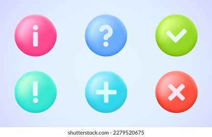 Vector 3d icon set: information, question, tick, chec, cross, x, !, ?, plus, question mark, exclamation mark. Three dimensional vector collection of illustrations for application, website interface.