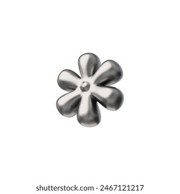 Vector 3D icon in the shape of a flower made of chrome. A brilliant silvery aesthetic is evident in every metallic, smooth image on a smooth white background.