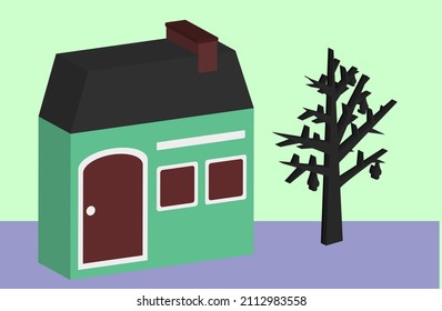 Icono vector 3d pequeña casa verde con puerta y ventana marrón. Árbol negro y pájaro. 