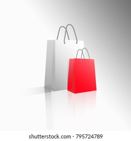 Vector 3D icon two empty realistic white and red paper packages or bags for shopping or gifts. Sale for Valentine's Day or any other holiday. Mock ups for design. Isolated objects. 