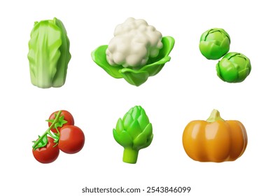 Vector 3d icons of fresh vegetables: different types of cabbage, tomatoes and artichokes. Perfect for illustrating a healthy vegetarian diet on a white background