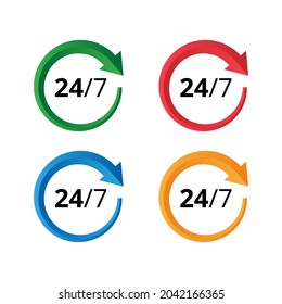 Vector 3d icons of round the clock and 7 days a week in green, blue, red and yellow colors. 24 7 service symbols.