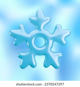 Vector 3d icy blue snowflake icon on blue background. Cute realistic Christmas, New year and winter shiny frozen snow symbol. 3d render snowflake Illustration for print, decoration, greeting card.