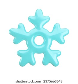 Vector 3d icy blue snowflake icon on white background. Cute realistic Christmas, New year and winter shiny frozen snow symbol. 3d render snowflake Illustration for print, decoration, greeting card.