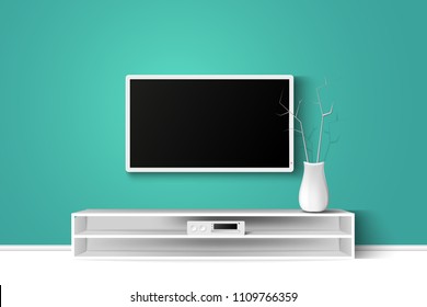 Vector 3d illustration of 4k LED TV on a wall with wooden table. House living room modern interior design. Copy space template.
