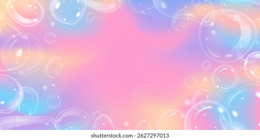 Vector 3D illustration of abstract rainbow banner with soap bubbles. Empty frame with space for text. Colorful background in bright blue, pink and yellow tones.