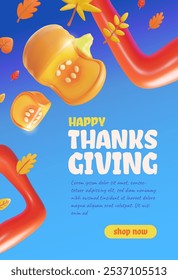 Vector 3d illustration of advertising poster with pumpkin pieces and autumn leaves on blue background. Leaflet for promotions and sales. Thanksgiving. Buy now. Space for text. Cartoon style.