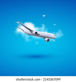 Ilustración vectorial 3d del avión en las nubes. Concepto de viajes. Servicio de reserva o cartel de agencia de viajes. Transporte aéreo. Entradas de vuelo. Cartel publicitario.