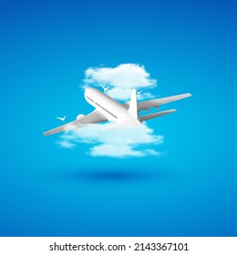 Vector 3d illustration of airplane in the clouds. Travel concept. Booking service or travel agency sign. Air transportation. Flight tickets. Advertising banner.