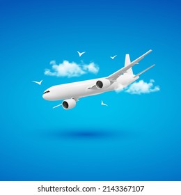 Vector 3d illustration of airplane in the clouds. Travel concept. Booking service or travel agency sign. Air transportation. Flight tickets. Advertising banner.