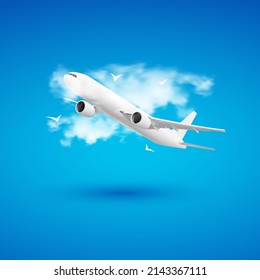 Vector 3d illustration of airplane in the clouds. Travel concept. Booking service or travel agency sign. Air transportation. Flight tickets. Advertising banner.