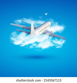 Vector 3d illustration of airplane in the clouds. Travel concept. Booking service or travel agency sign. Air transportation. Flight tickets. Advertising banner. - Shutterstock ID 2143367113
