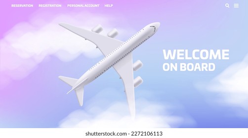 Vector 3d illustration of airplane in the clouds and gradient sky, top view. Online booking service or travel agency website banner template