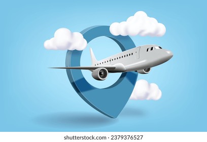 Vector 3d illustration of airplane in the clouds. Travel concept. Booking service or travel agency sign. Air transportation. Flight tickets.