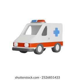 Vector Ilustración 3D de una ambulancia. Este transporte médico para atención de emergencia se representa en estilo de dibujos animados y se establece en un fondo blanco aislado.