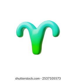 Vector 3d illustration of aries astrological sign in cartoon style. Zodiac element in gradient green-blue color on isolated white background. Abstract icon of astrology, horoscope and mysticism.