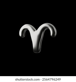 Vector 3D illustration of Aries zodiac sign in silver chrome color, on isolated black background. Astrological element. Horoscope symbol. Volumetric y2k shape. Esoteric sign.