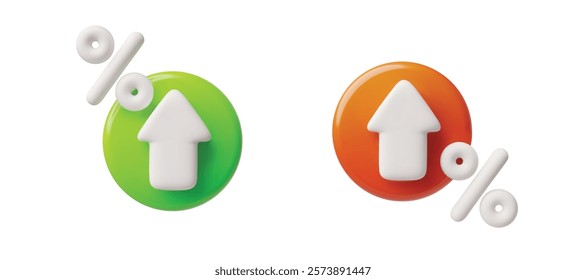 Vector 3d illustration of arrows with green and red circles and percent signs. Rise and fall theme. Interest rate, credit, finance, banking. Isolated background. Cartoon style. Rendering.