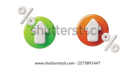 Vector 3d illustration of arrows with green and red circles and percent signs. Rise and fall theme. Interest rate, credit, finance, banking. Isolated background. Cartoon style. Rendering.