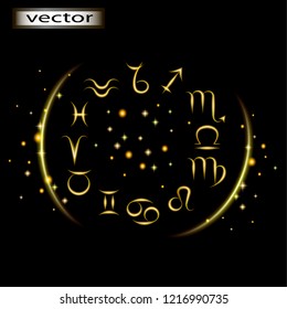 Vector 3D illustration of astrological Golden color shining circle for predicting horoscopes all zodiac signs set isolated on black background