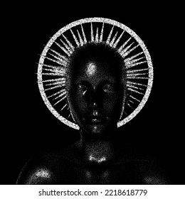 Vector 3D illustration of a bald woman with a halo made of particles.
