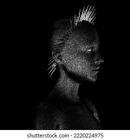 Vector 3D illustration of a bald woman with a halo made of particles.