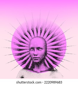 Vector 3D illustration of a bald woman with a halo made of particles.