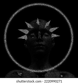 Vector 3D illustration of a bald woman with a halo made of particles.