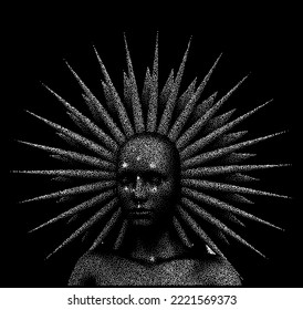 Vector 3D illustration of a bald woman with a halo made of particles.