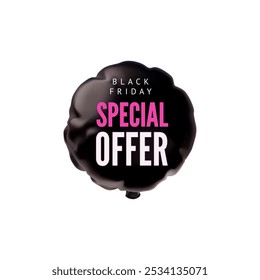 Vector 3d illustration of a balloon, black, round shape with the inscription special offer . Inflated template for an advertising campaign on the day of the Black Friday sale. Isolated background.